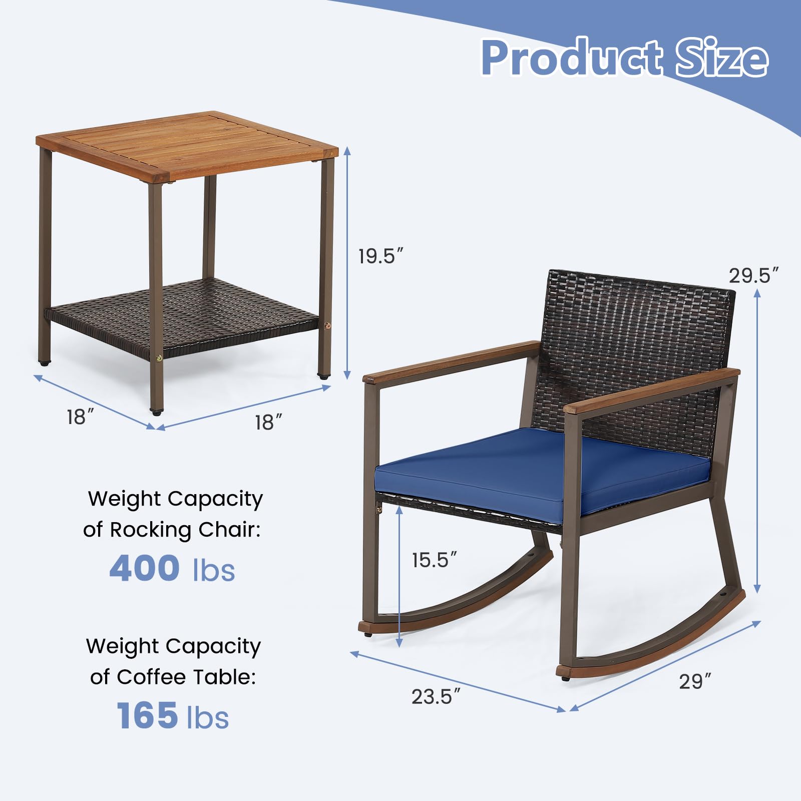 HAPPYGRILL 3 Pieces Rocking Bistro Set, Outdoor PE Wicker Rocking Chair with Coffee Table, Soft Seat Cushions Included, Gentle & Smooth Rocking Furniture Set for Yard Porch