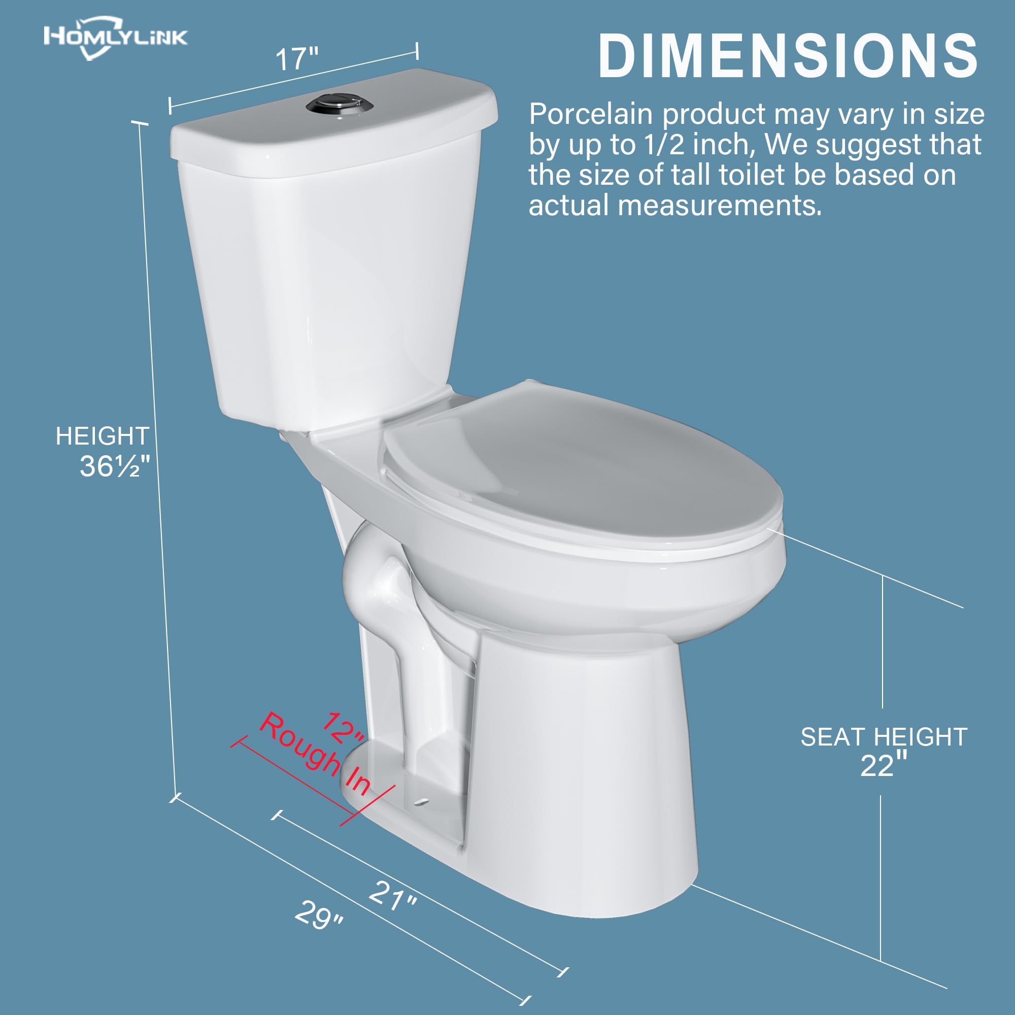 HOMLYLINK 21 Inch Extra Tall Toilet for Seniors, Elongated High Toilet, Comfort Bowl Height Toilet for Bathroom, Two-Piece Dual Flush 1.1/1.6 GPF, 12” Rough In,White, Elongated Oval Bowl