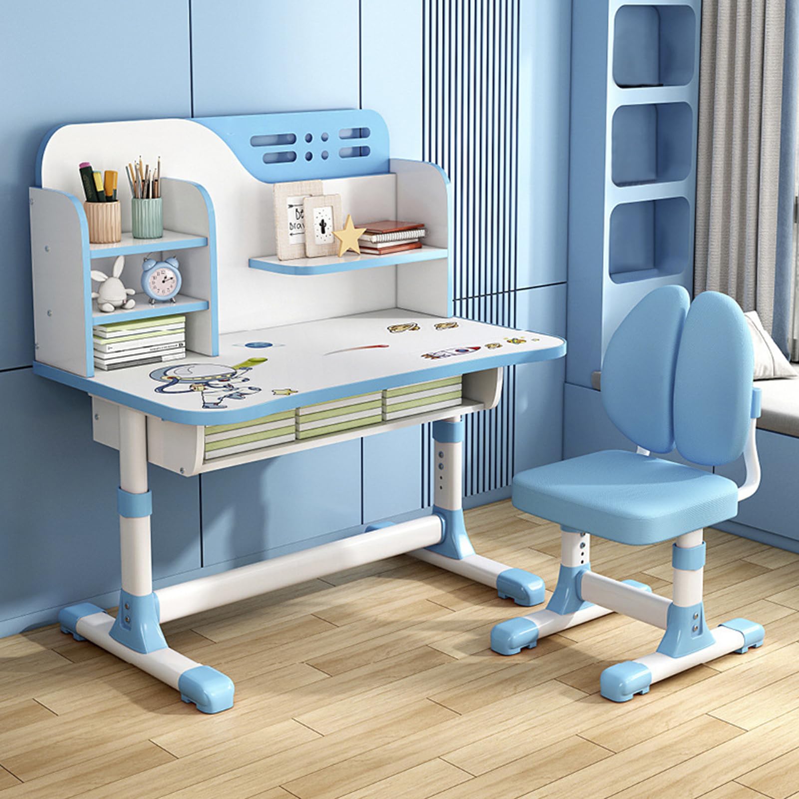 2024 Upgraded Kids Desk Set, Cartoon Pattern Height Adjustable Children Table Chair Set Ergonomic Scientific Separation Study Writing Desk with Tilt Book Stand Drawer Birthday Gift for Boys Girls