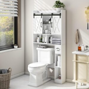 over the toilet storage cabinet, farmhouse storage cabinet over toilet with sliding doors，home space-saving toilet rack, for bathroom, restroom, laundry