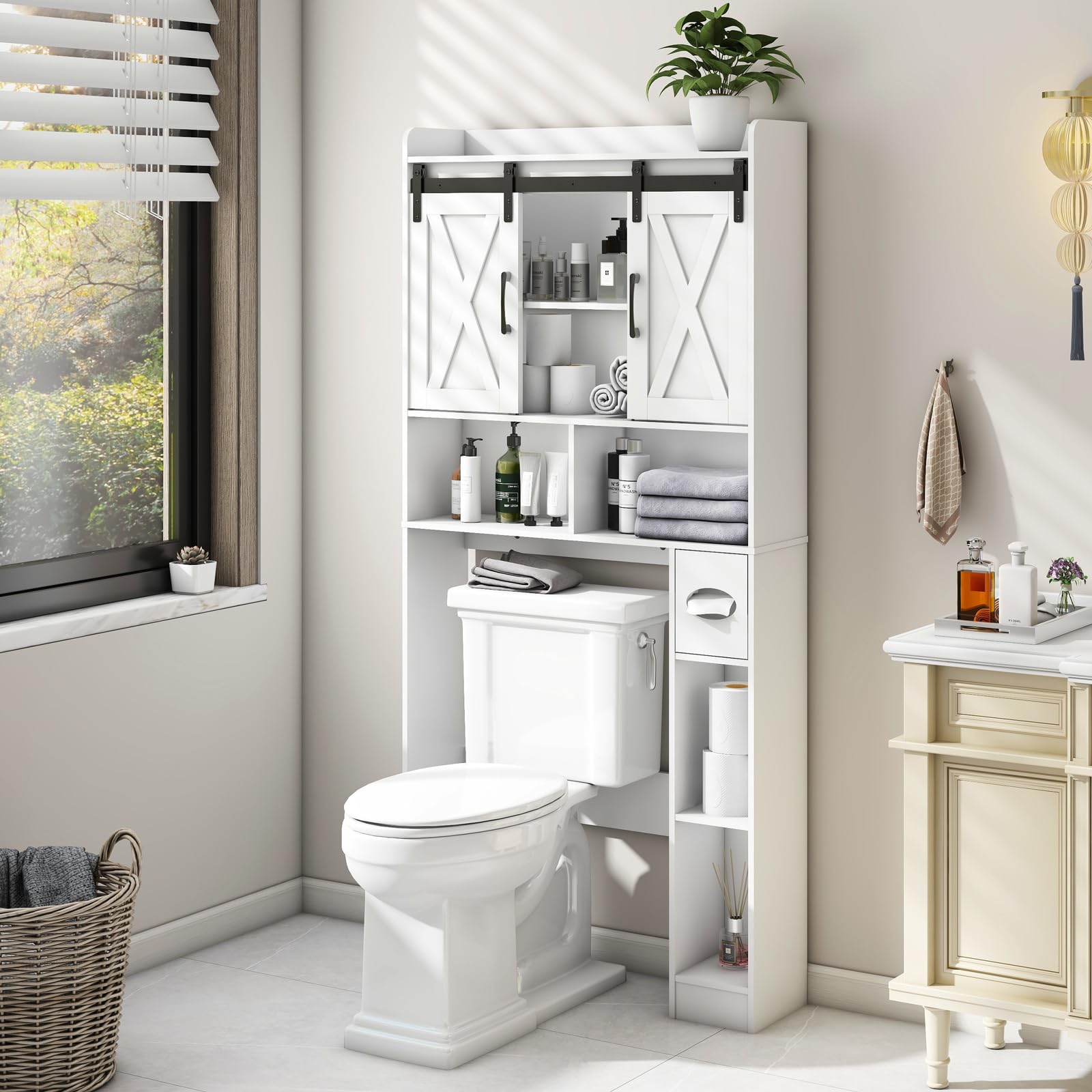 Over The Toilet Storage Cabinet, Farmhouse Storage Cabinet Over Toilet with Sliding Doors，Home Space-Saving Toilet Rack, for Bathroom, Restroom, Laundry