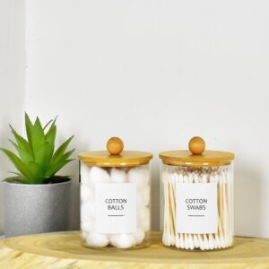 Onsogi Glass Apothecary Jars with Bamboo Lids for Bathroom Organization, Q tip Holder and CottonSwab Ball Holder for Farmhouse Bathroom Decor, Boho Bathroom Decor-2 Pack