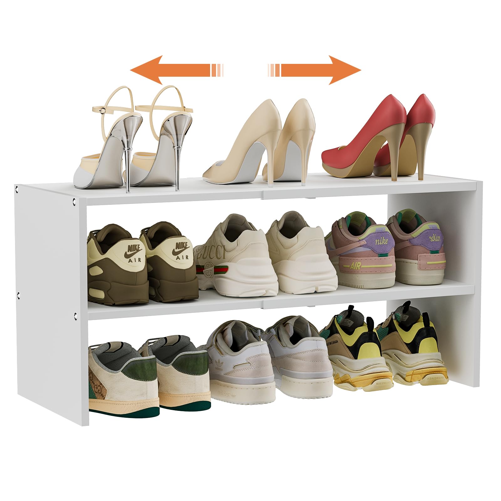 White Shoe Rack Organizer for Closet, 2-Tier Expandable Shoe Shelf, Stackable Iron Wood Combination Small Shoe Racks Shelves for Closets, Entryway,Small Space,Hallway,Garage,6-12 Pairs,Patent Pending