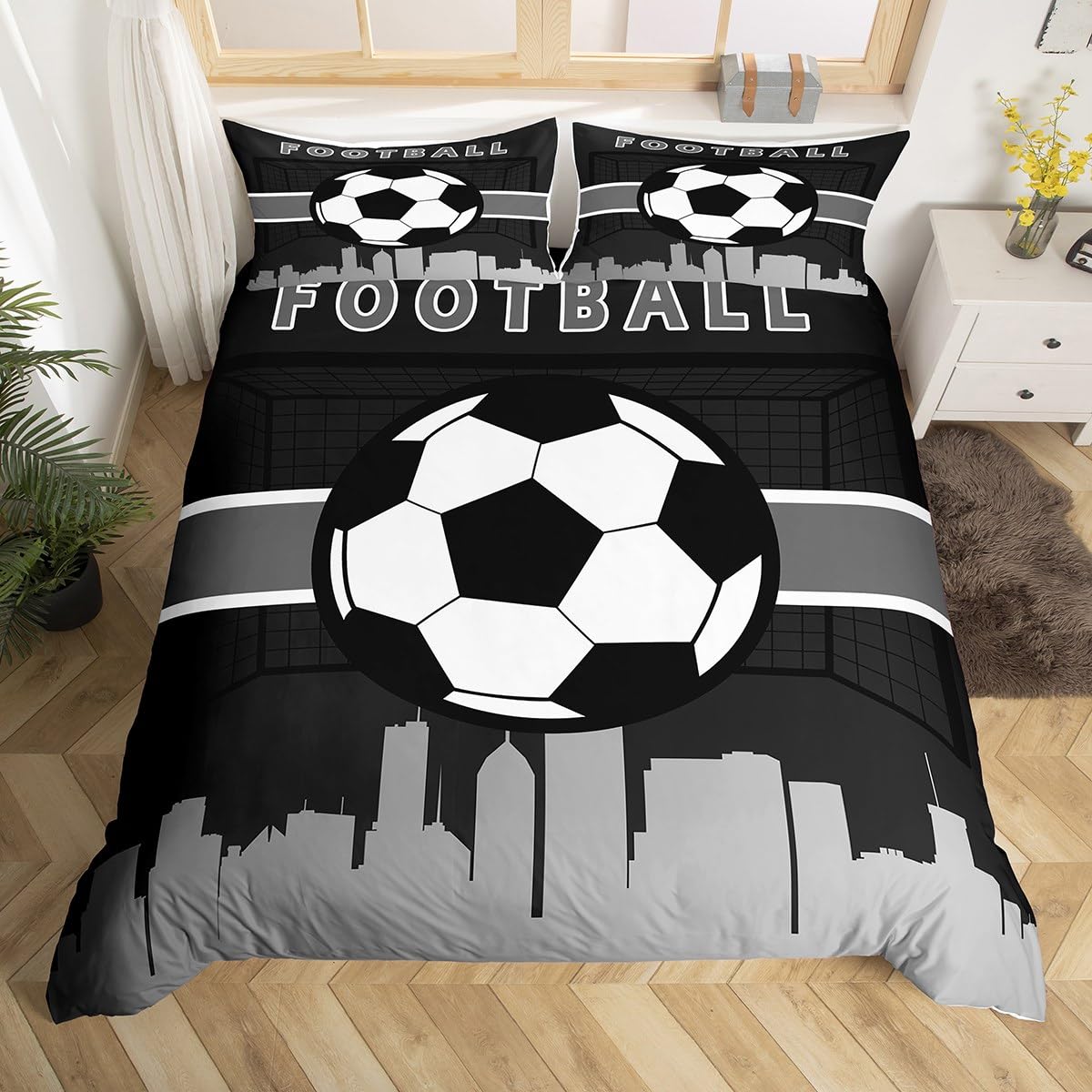 Erosebridal Little Boys Bedding Set Queen Soccer Football Comforter Cover for Toddler Kids, Sports Gamer Quilt Cover Video Game Gaming Duvet Cover, Black Grey