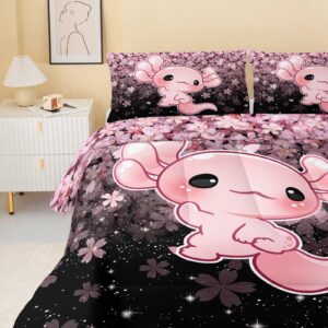 QOOMO Kawaii Axolotl Bedding Set Pink Cherry Blossom for Boys Girls Teen Room Decoration Sparkling Stars 3D Quilt Set Bedroom Decoration Twin Size 1 Comforter Set 2 Pillowcases