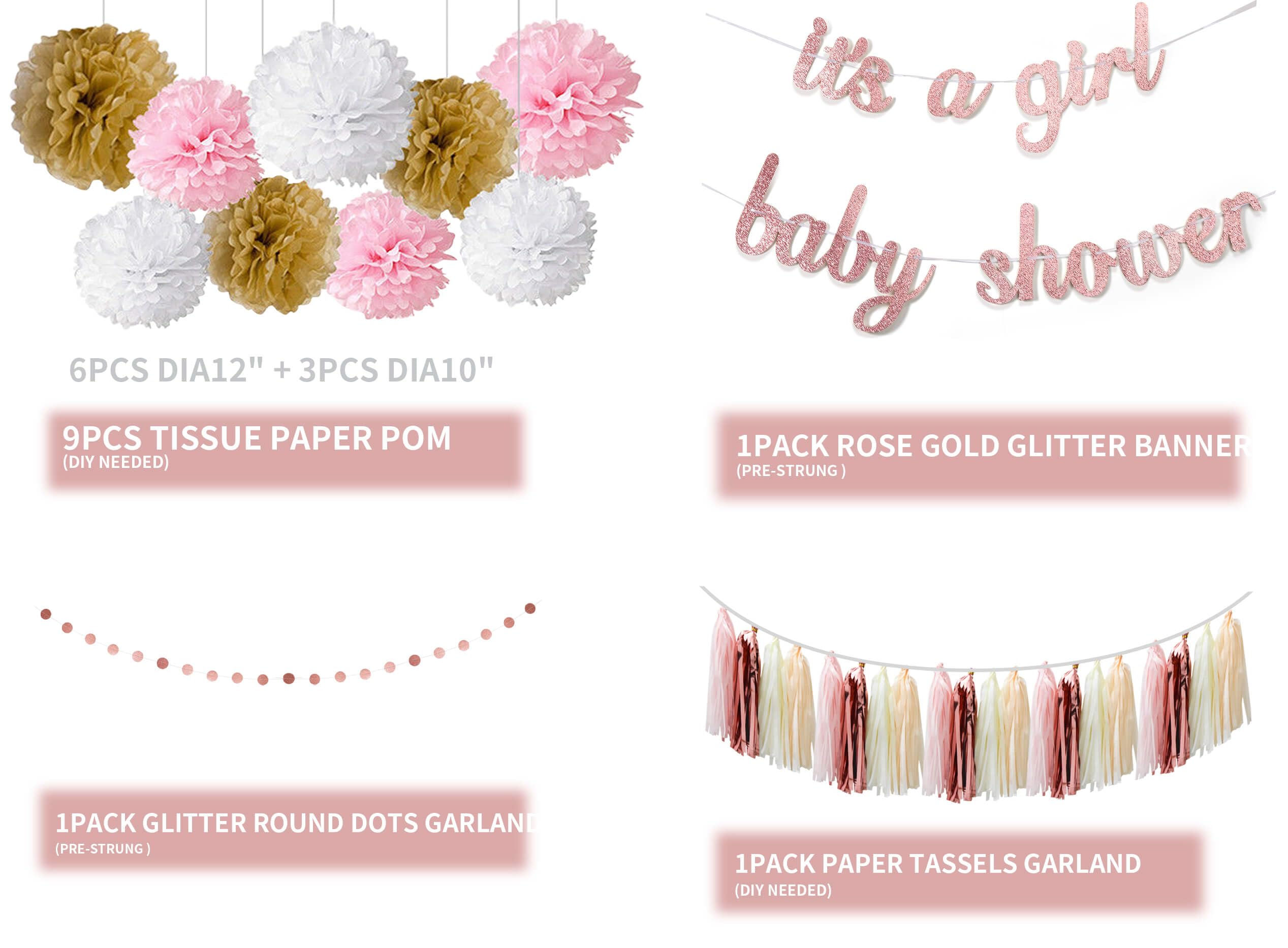 Kiwayo Baby Shower Decorations for Girl- Rose Gold Glitter Banner, Tissue Paper Poms, Round Dots Garland and Tassels Garland- Baby Girl Gender Reveal Birthday Party Decorations