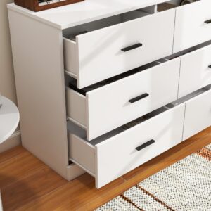 Modern 6 Drawer Dresser for Bedroom, Wood Wide Chest of Drawers Floor Storage Lateral Drawer Cabinet Organizer with Metal Handles for Home Office (White)