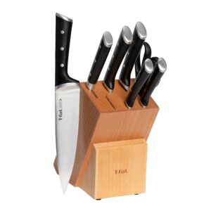 t-fal ice force german stainless steel kitchen knife set and wood block 8 piece, long lasting sharpness, high cutting precision, superior durability, ultra sharp blades, cookware kitchen gadget black