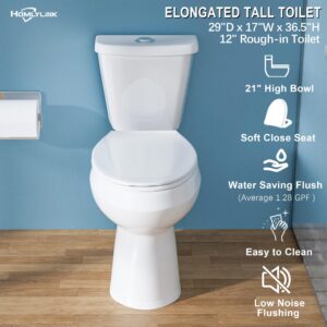 HOMLYLINK 21 Inch Extra Tall Toilet for Seniors, Elongated High Toilet, Comfort Bowl Height Toilet for Bathroom, Two-Piece Dual Flush 1.1/1.6 GPF, 12” Rough In,White, Elongated Oval Bowl