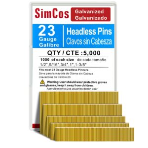 simcos 23 gauge pinner nails (1/2",9/16",3/4",1",1-3/8") 5000 pcs assorted 5 sizes' headless pin nails for 23 ga pneumatic or electric pinner or pin gun,project pack