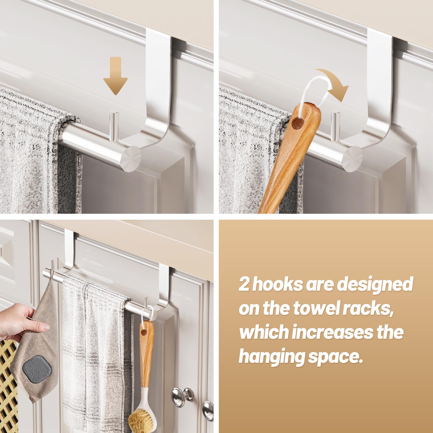 VEHHE Kitchen Towel Holder 2-Piece, 2 Hooks, EVA Foam Protective Mats, 9-Inch Stainless Steel Over The Door Towel Rack (Silver)