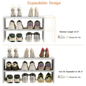 White Shoe Rack Organizer for Closet, 2-Tier Expandable Shoe Shelf, Stackable Iron Wood Combination Small Shoe Racks Shelves for Closets, Entryway,Small Space,Hallway,Garage,6-12 Pairs,Patent Pending