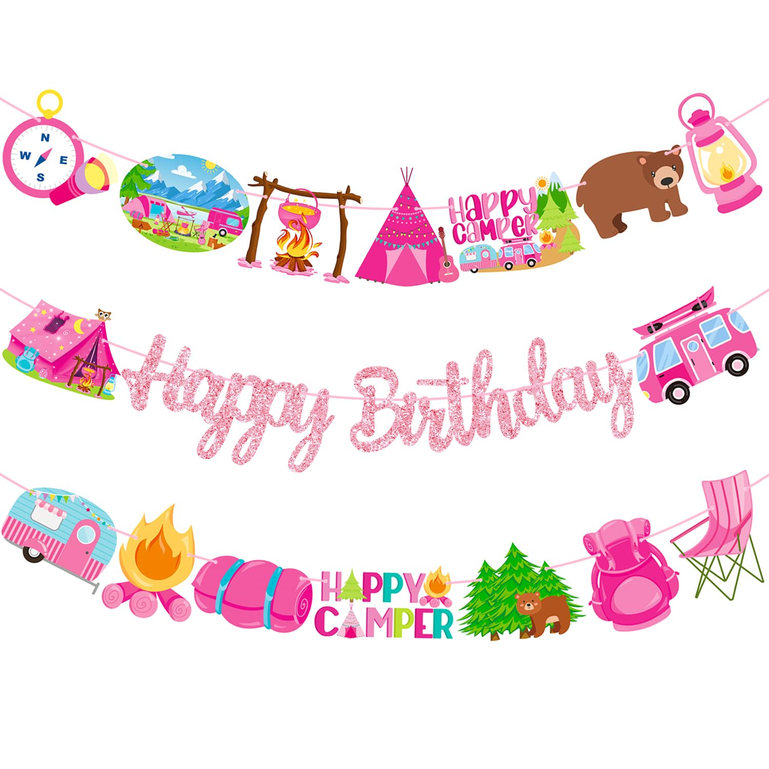 Happy Camper Birthday Party Banners Girls Camping Birthday Decorations 2PCS Happy Camper Party Decorations Camping Party Decoration for One Happy Camper Baby Shower Supplies