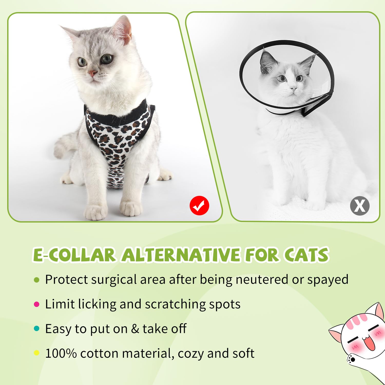 Pawcomon 2 Packs Cat Surgery Recovery Suit Surgical Clothes Abdominal Wounds Anti-Licking Cat Bodysuit Onesie Substitute E-Collar& Cone