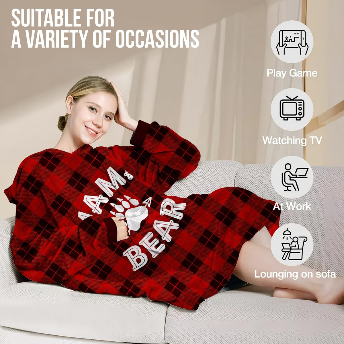 Warmstorey Mama Bear Wearable Blanket Hoodie, Buffalo Plaid Mama Bear Hooded Blanket for Mom, Christmas Gifts for Mom, Wife From Daughter, Son, Husband, Happy Birthday Mom Gift, Birthday Gift for Wife