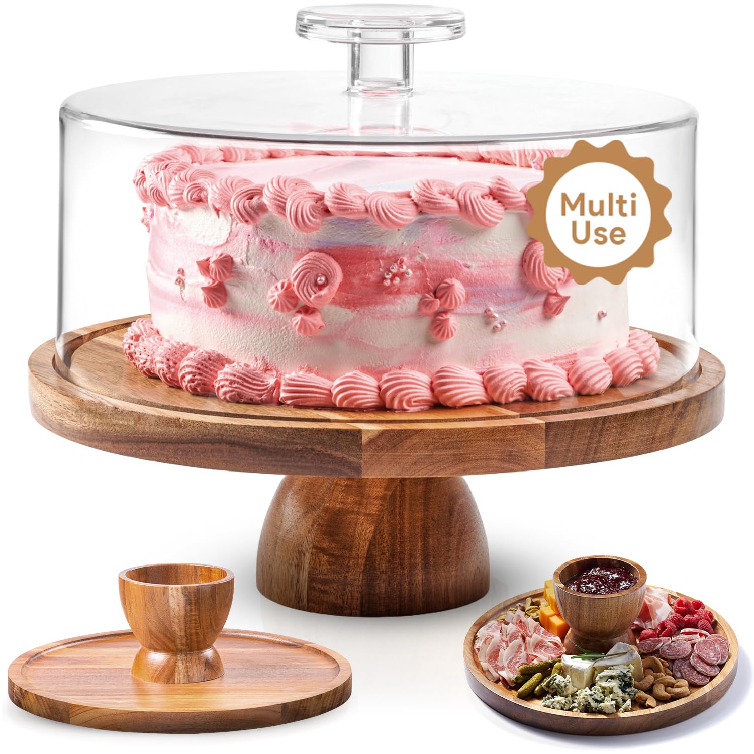 Acacia Wood Christmas Cake Stand with Lid - 12 In Round Cake Holder, Thanksgiving and Christmas Hosting Essential, Dessert Table Display Set & Charcuterie Board for Cheese, Chips, Acrylic Cake Dome Cover