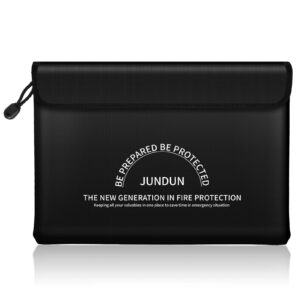 jundun fireproof document bag with 5200℉ heat insulated,14.0”x10.4” waterproof and fireproof money bag,8 layers thickened fire safe storage bag pouch with zipper for document,money,black and large