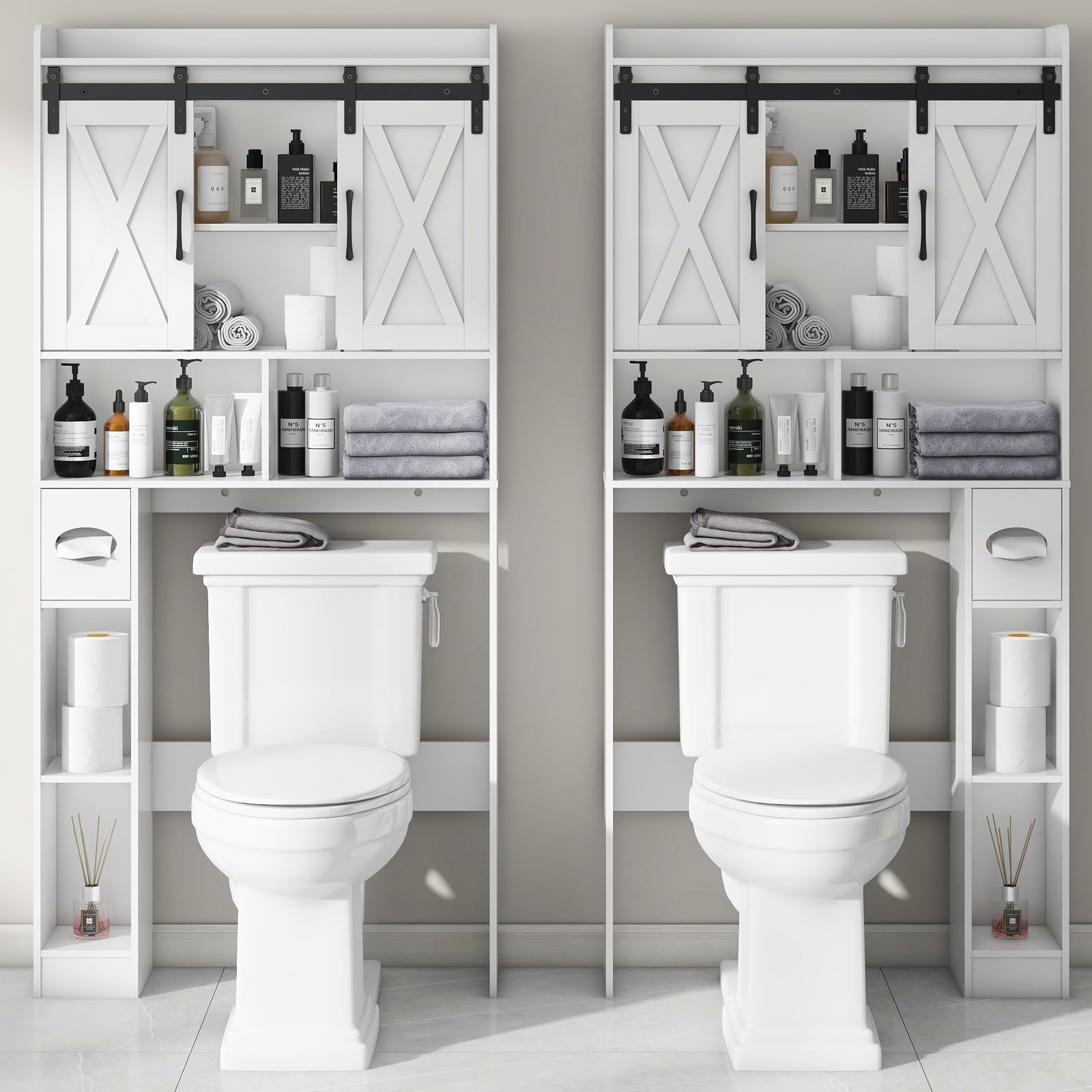 Over The Toilet Storage Cabinet, Farmhouse Storage Cabinet Over Toilet with Sliding Doors，Home Space-Saving Toilet Rack, for Bathroom, Restroom, Laundry