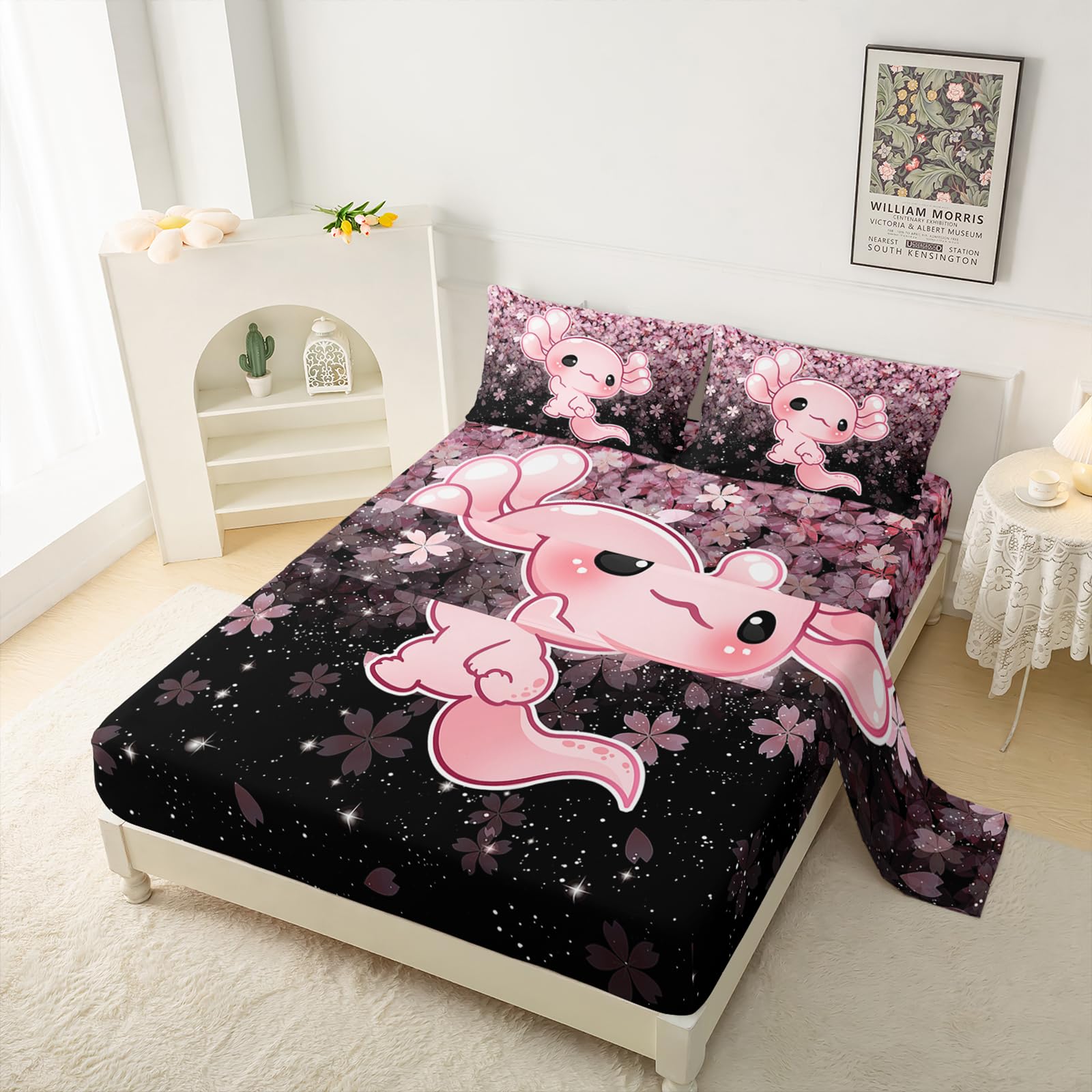 QOOMO Kawaii Axolotl Bedding for Boys and Girls Pink Cherry Blossom Super Soft Kids Bedding Set Sparkling Stars Breathable Room Decoration Twin Size 1 Fitted Sheet, 1 Flat Sheet, 2 Pillow Cases