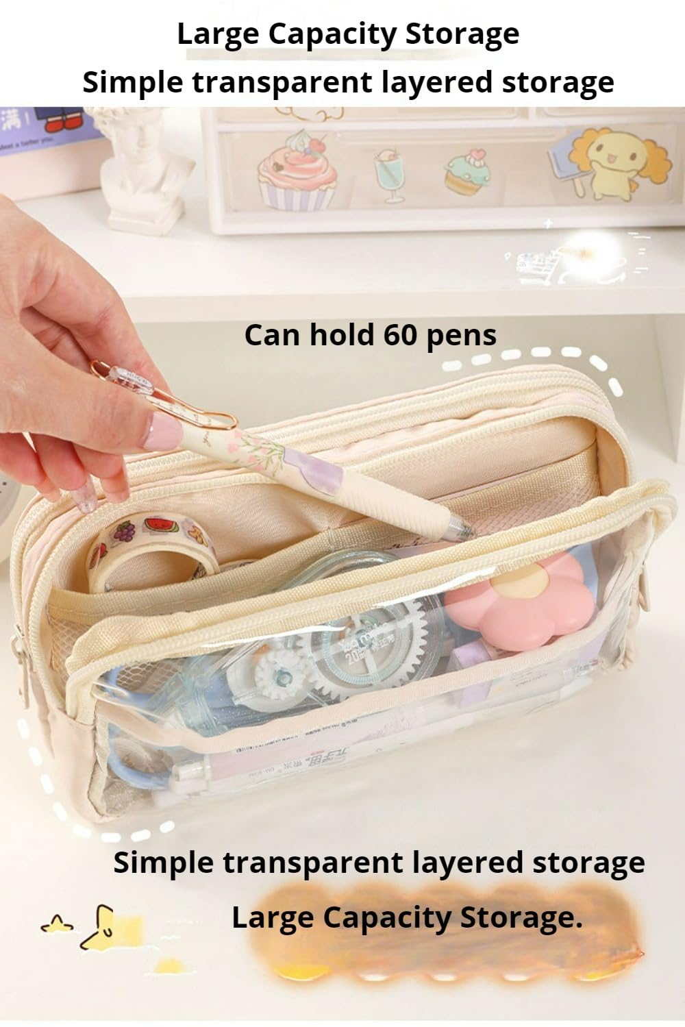 Cute Pencil Case Large Capacity Pen Bag Mesh Kawaii Pen Case Clear Pencil Pouch Gift (Pink)