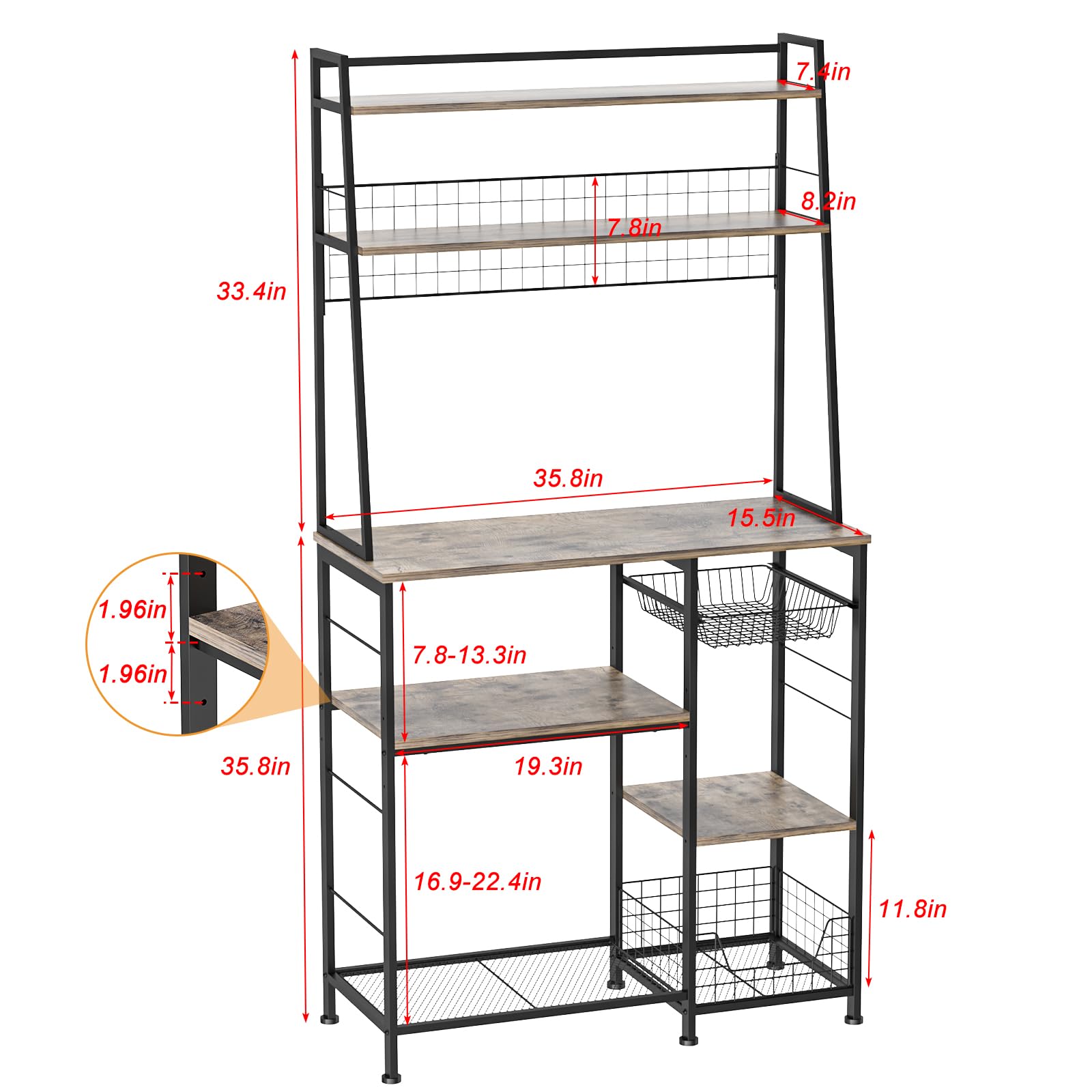 X-cosrack 5-Tier Coffee Bar Rack, Industrial Bakers Rack with Storage Shelves Hooks, Microwave Rack Organizer with Wire Basket Drawer for Kitchen, Coffee Station Pantry, (Rustic Brown)