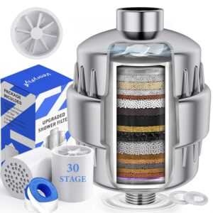 30 stage shower filter with vitamin c e, shower head filter for hard water, high output shower water filter with 2 replaceable filter cartridges, water softener filter to remove chlorine and fluoride