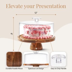 Acacia Wood Christmas Cake Stand with Lid - 12 In Round Cake Holder, Thanksgiving and Christmas Hosting Essential, Dessert Table Display Set & Charcuterie Board for Cheese, Chips, Acrylic Cake Dome Cover