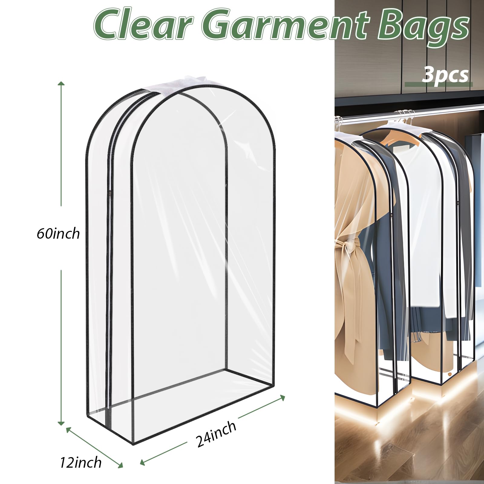 HAKACC 60" Clear Garment Bags for Hanging Clothes, 3 Pack 12" Gusseted Garment Bags for Storage, Hanging Clothes Storage, Clothing Moving Bags