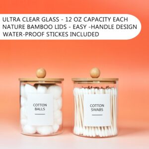 Onsogi Glass Apothecary Jars with Bamboo Lids for Bathroom Organization, Q tip Holder and CottonSwab Ball Holder for Farmhouse Bathroom Decor, Boho Bathroom Decor-2 Pack