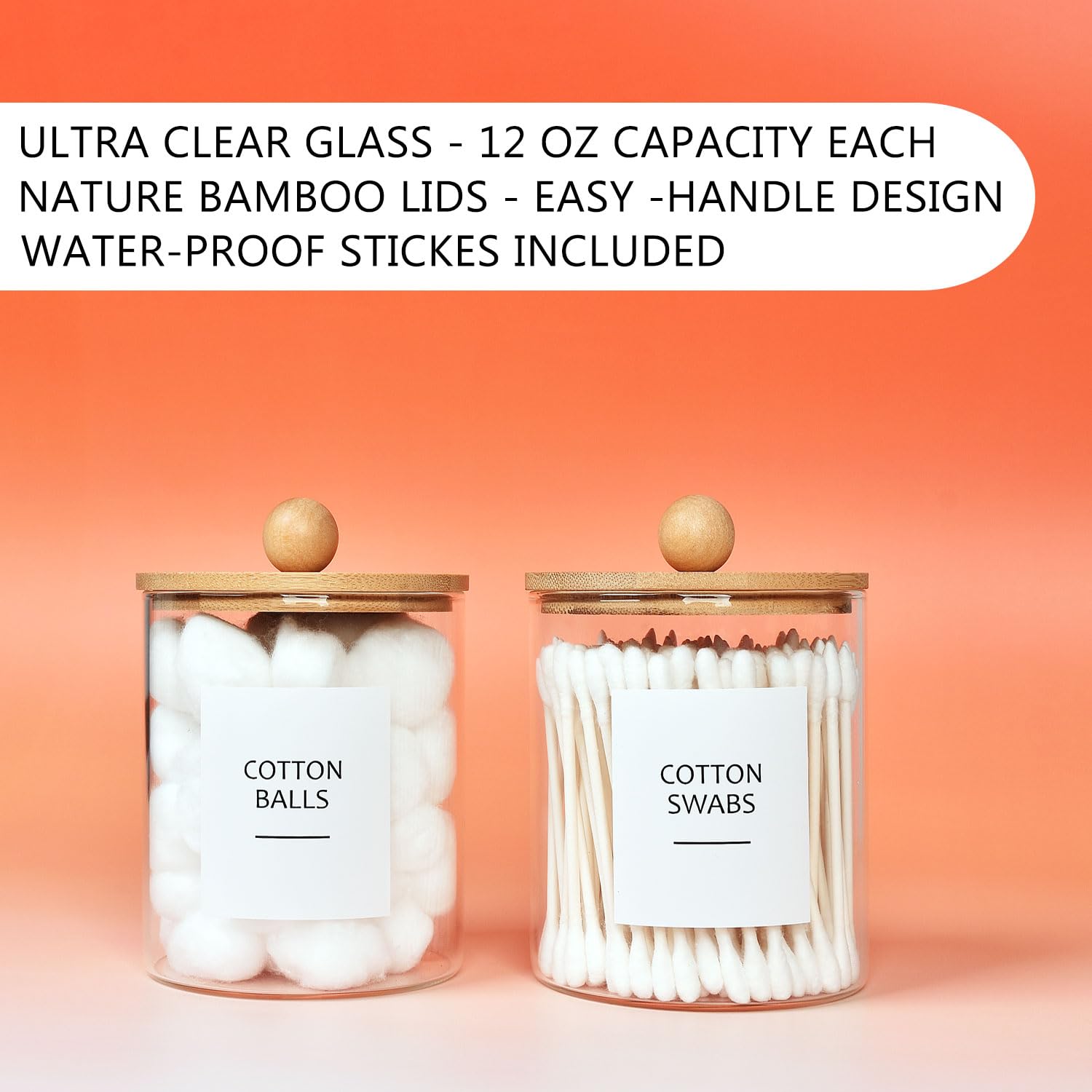 Onsogi Glass Apothecary Jars with Bamboo Lids for Bathroom Organization, Q tip Holder and CottonSwab Ball Holder for Farmhouse Bathroom Decor, Boho Bathroom Decor-2 Pack