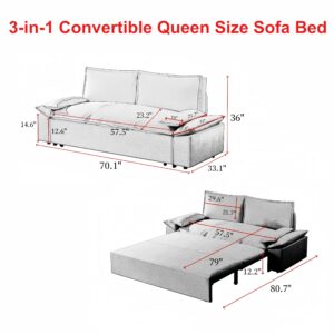 HomSof 70.1" Queen Pull Out Sofa Bed, 3-in-1 Convertible Sleeper Sofa with 2 Soft Pillows,Multi-Functional Velvet Loveseat Bed,Beige