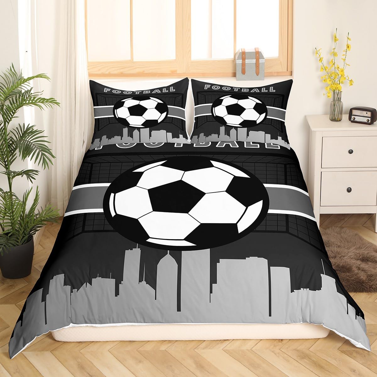 Erosebridal Little Boys Bedding Set Queen Soccer Football Comforter Cover for Toddler Kids, Sports Gamer Quilt Cover Video Game Gaming Duvet Cover, Black Grey