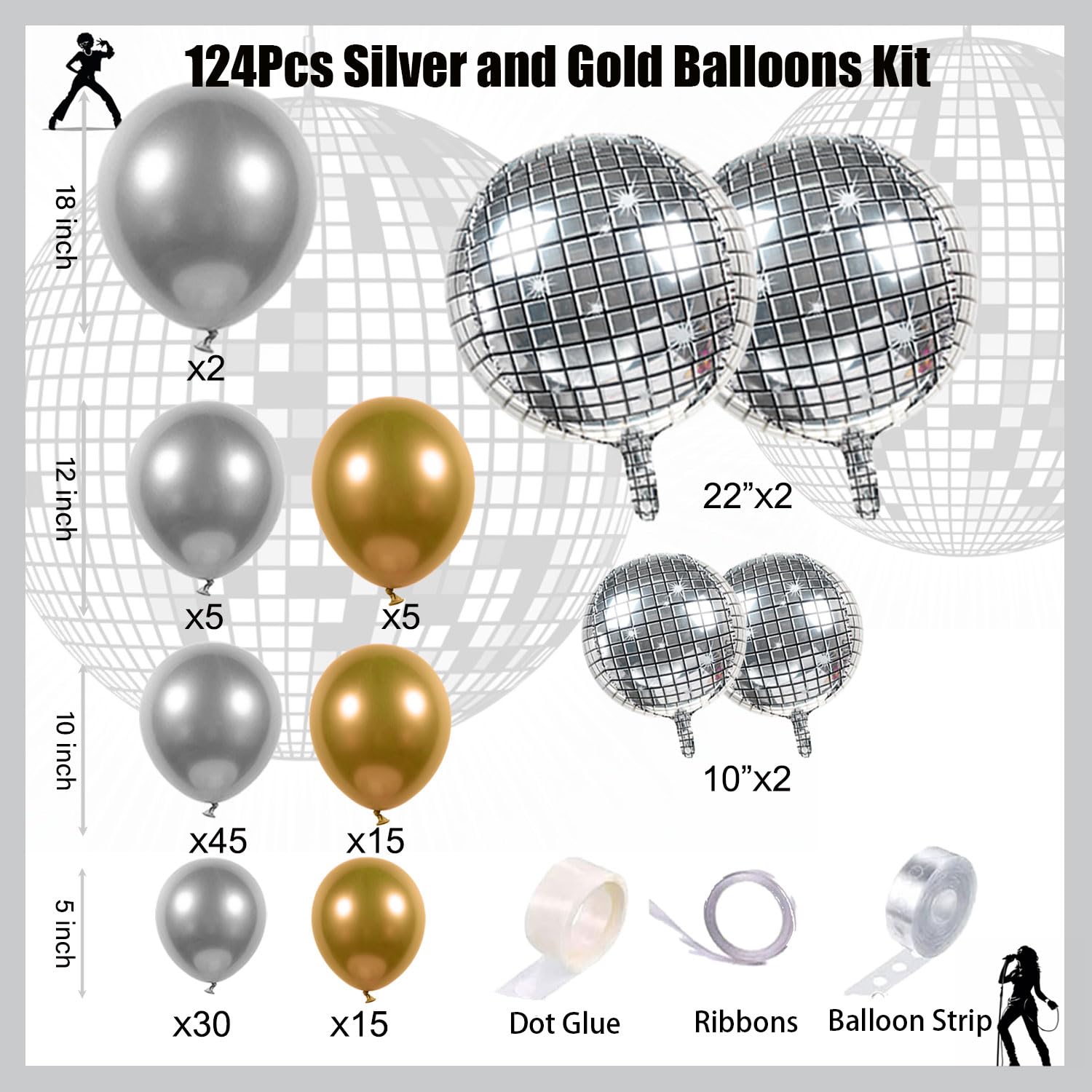 124Pcs Silver and Gold Garland Balloons Metallic Balloon Arch Kit Chrome Silver balloon Disco Ball decorations for Disco Party 60th Birthday Graduation Galaxy Alien Party