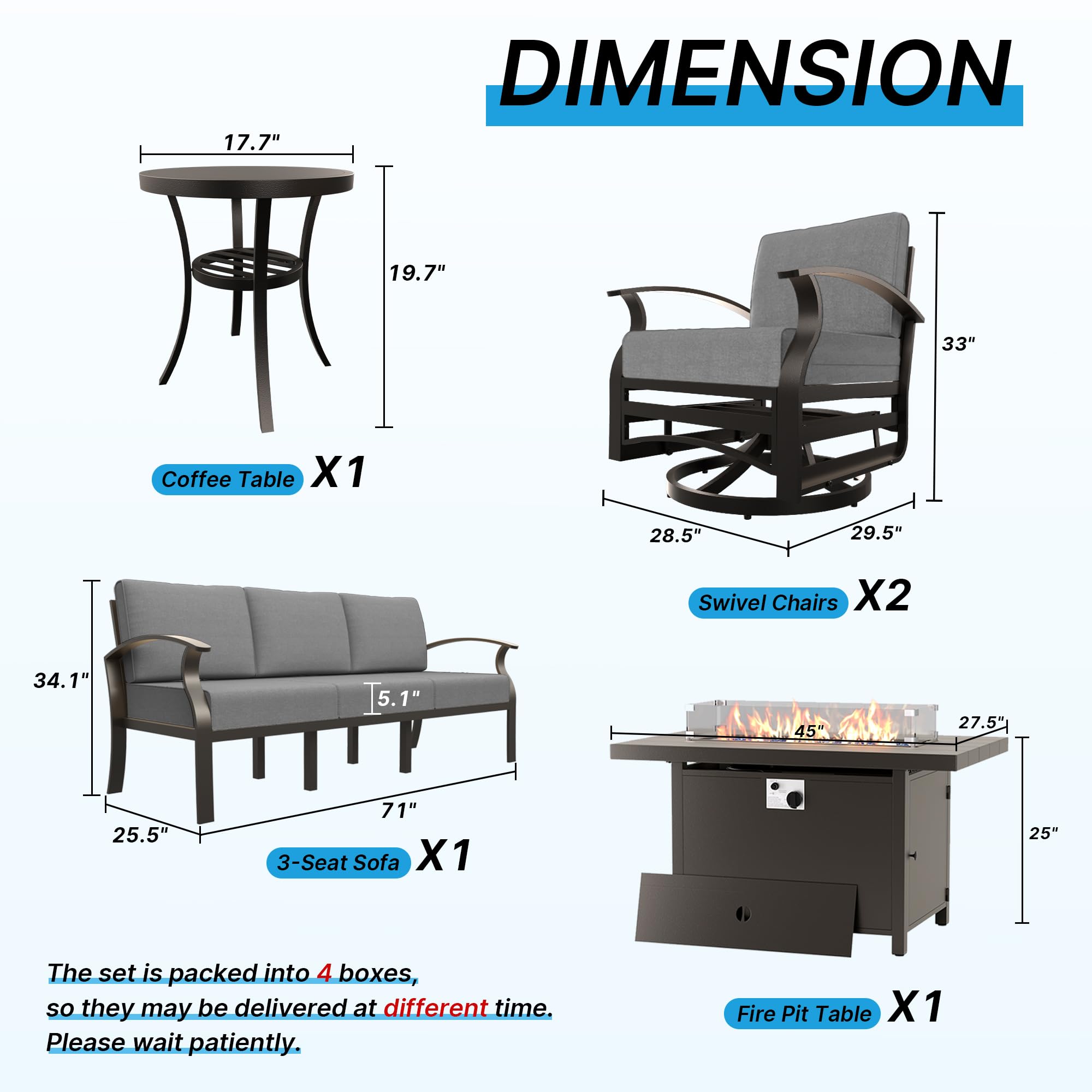 Gotland 5 Seats Outdoor Metal Patio Furniture Set with 2 Swivel Rocking Chairs&55,000 BTU Gas Fire Pit Table w/Glass Wind Guard Patio Conversation Sectional Sofa Sets-Grey