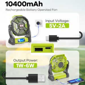 DOWILLDO Camping Fan with LED Lantern, 10400mah Portable Battery Operated Outdoor Fan, Personal Rechargeable Fan for Travel, Hiking, Fishing, Picnic (Green)