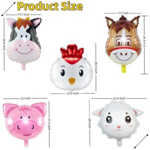 XLENGO 5 PCS Farm Animal Balloons, Cow Donkey Sheep Pig Chicken Foil Mylar Balloon for Baby Shower Farm Birthday Party Decorations Supplies