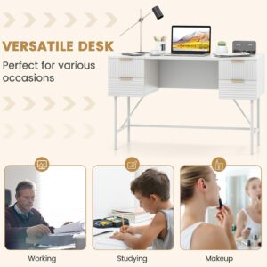 Giantex Modern Desk with 4 Drawers, 48 Inch Computer Desk with Storage, Heavy-Duty Gold Metal Frame, Makeup Vanity Dressing Table, White and Gold Desk for Bedroom Study Home Office