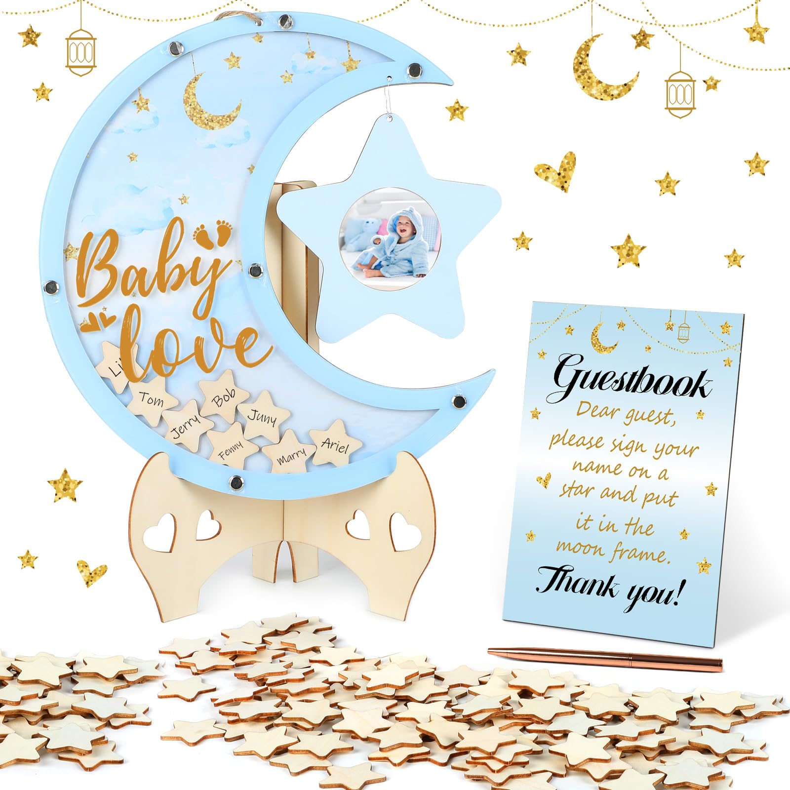 Baby Shower Guest Book Alternatives Moon Guest Book for Baby Shower Guest Book Frame with Star Baby Shower Decorations Guest Book Alternative for Wedding Boys Girls Birthday Party Keepsake(Blue)