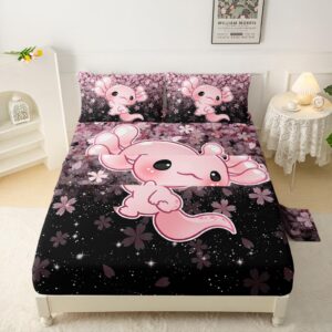 qoomo kawaii axolotl bedding for boys and girls pink cherry blossom super soft kids bedding set sparkling stars breathable room decoration twin size 1 fitted sheet, 1 flat sheet, 2 pillow cases