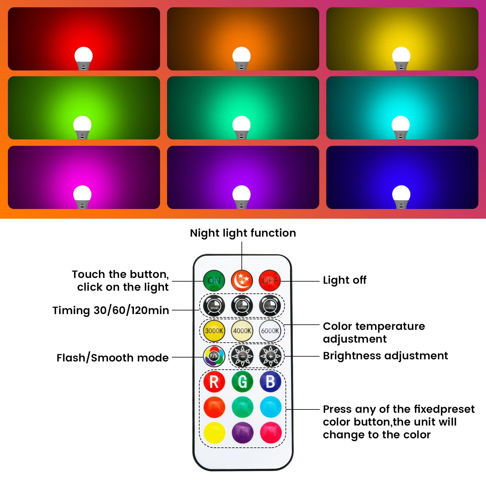 USB Rechargeable Light Bulb With Remote Control, Smart RGB Color Changing Bulb, 9+3 Color Temperature, LED Dimmable Touch Control Bulb With Timing Function, 2600mAh Battery Powered 8W A19, E26,2 Pack