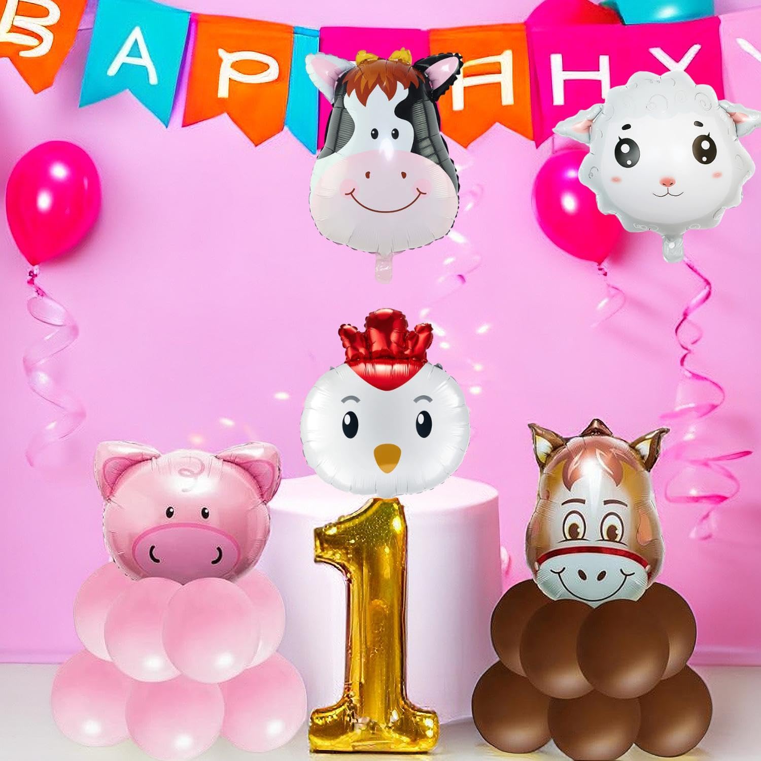 XLENGO 5 PCS Farm Animal Balloons, Cow Donkey Sheep Pig Chicken Foil Mylar Balloon for Baby Shower Farm Birthday Party Decorations Supplies