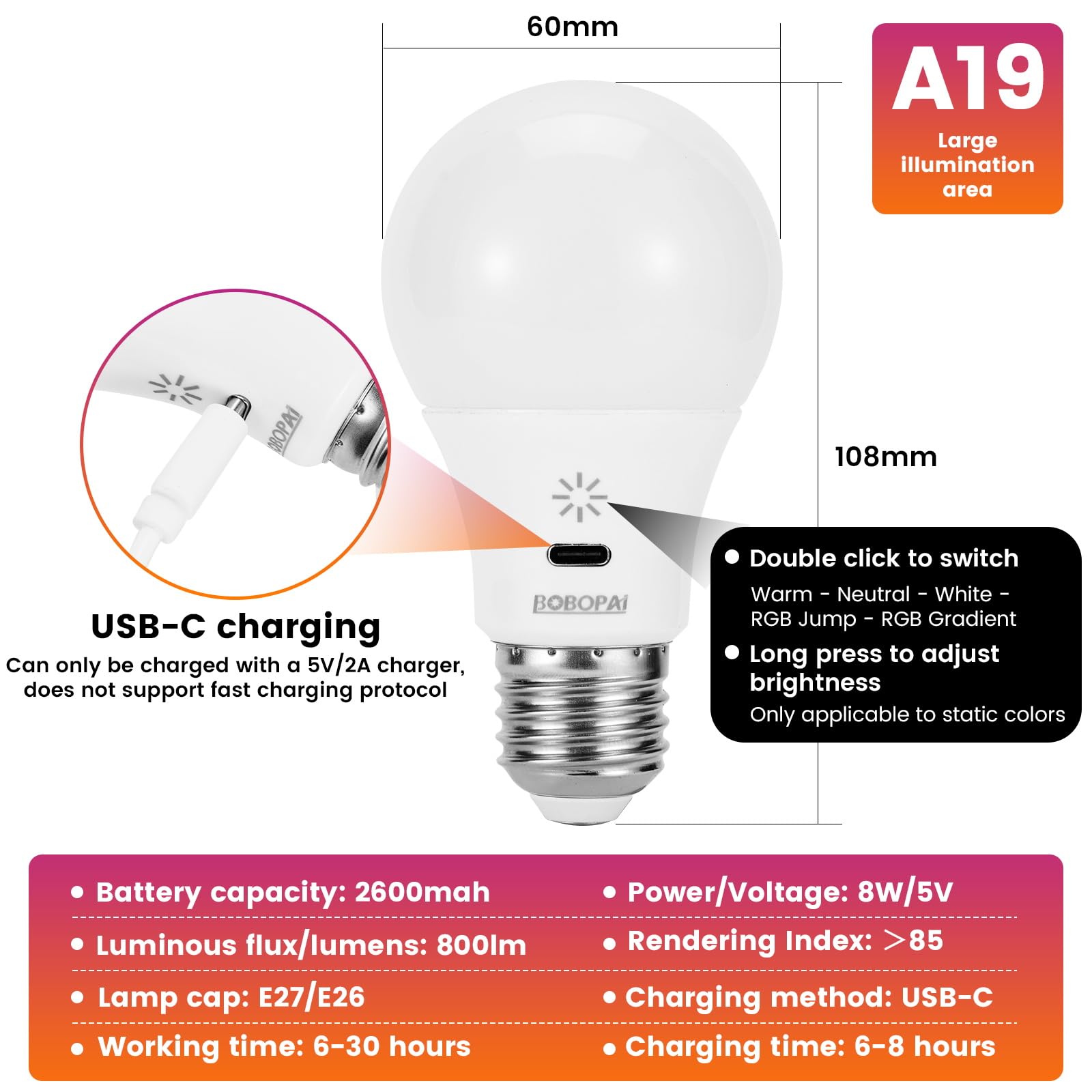 USB Rechargeable Light Bulb With Remote Control, Smart RGB Color Changing Bulb, 9+3 Color Temperature, LED Dimmable Touch Control Bulb With Timing Function, 2600mAh Battery Powered 8W A19, E26,2 Pack