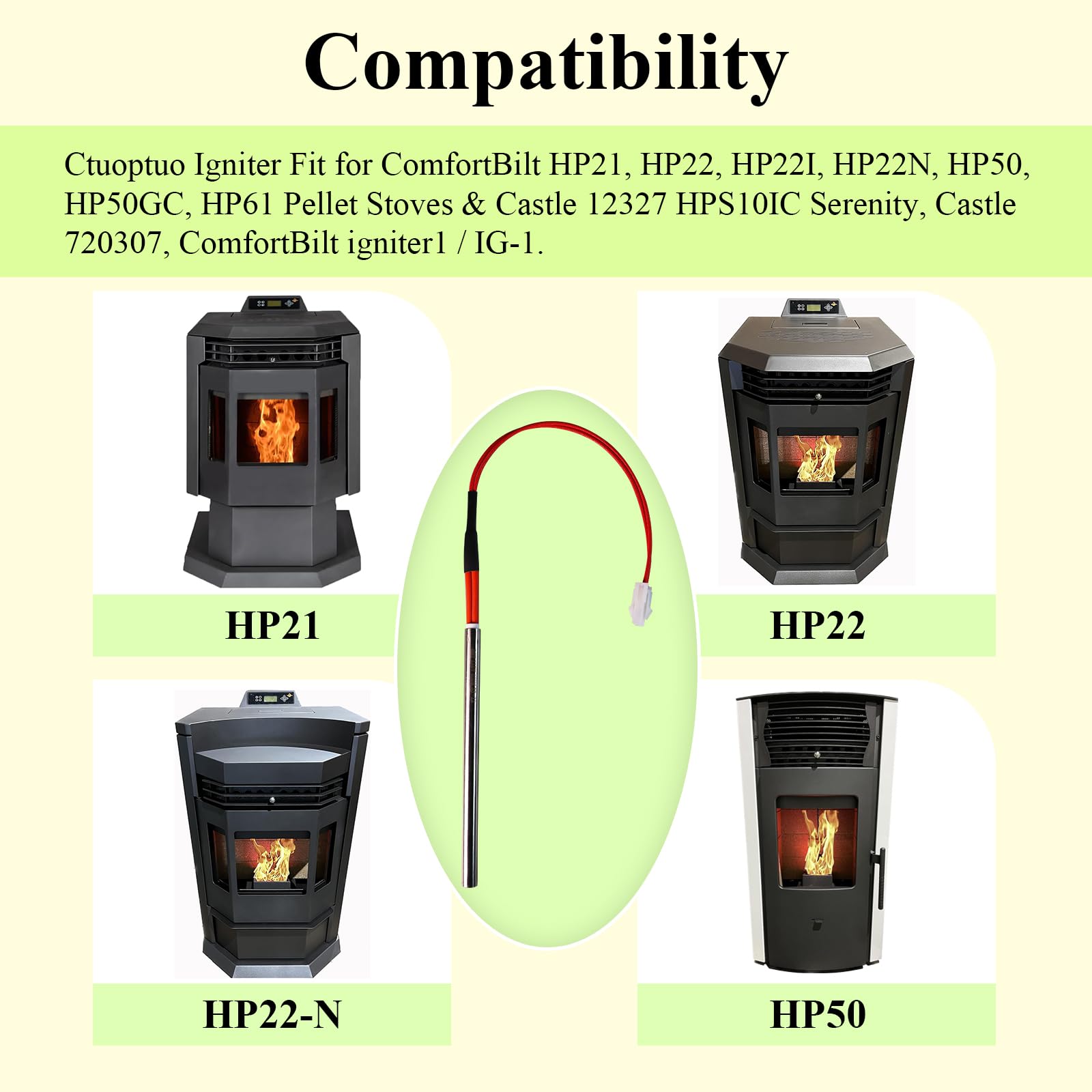 Pellet Stove Igniter Compatible with All Models of Comfortbilt/Castle Pellet Stoves, Fits ComfortBilt HP22, HP22I, HP22N,HP21,HP50,HP50GC,HP61 Pellet Stoves & Castle 720307/ComfortBilt igniter1 IG-1