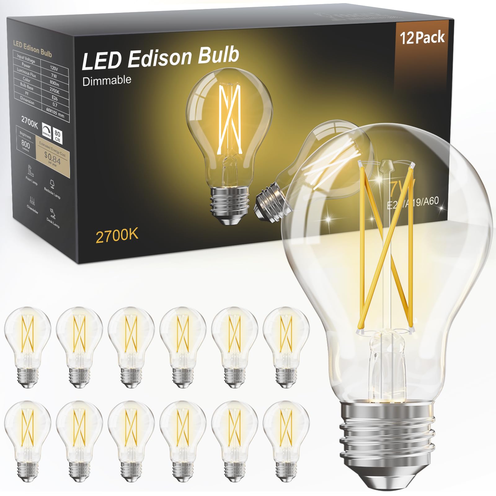 TJOY 12 Pack A19 Vintage LED Edison Bulbs, Dimmable Light Bulb 60W Equivalent, High Brightness 2700K Warm White, 7W E26 Standard Base, 800Lumens, CRI80+, Clear Glass Filament Bulb for Home, Farmhouse