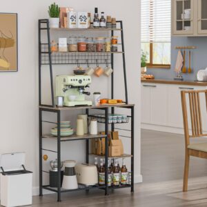 X-cosrack 5-Tier Coffee Bar Rack, Industrial Bakers Rack with Storage Shelves Hooks, Microwave Rack Organizer with Wire Basket Drawer for Kitchen, Coffee Station Pantry, (Rustic Brown)