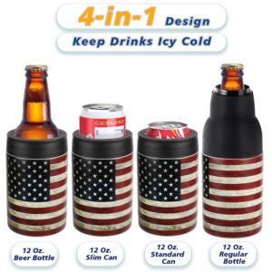 Stepstall Can Cooler Beer Bottle Holder with Beer Opener, 4-in-1 Design Slim Can Beer Bottle Insulators, Double Walled Stainless Steel Insulated, 12 OZ Beer Gifts for Men Boys Father(American Flag)