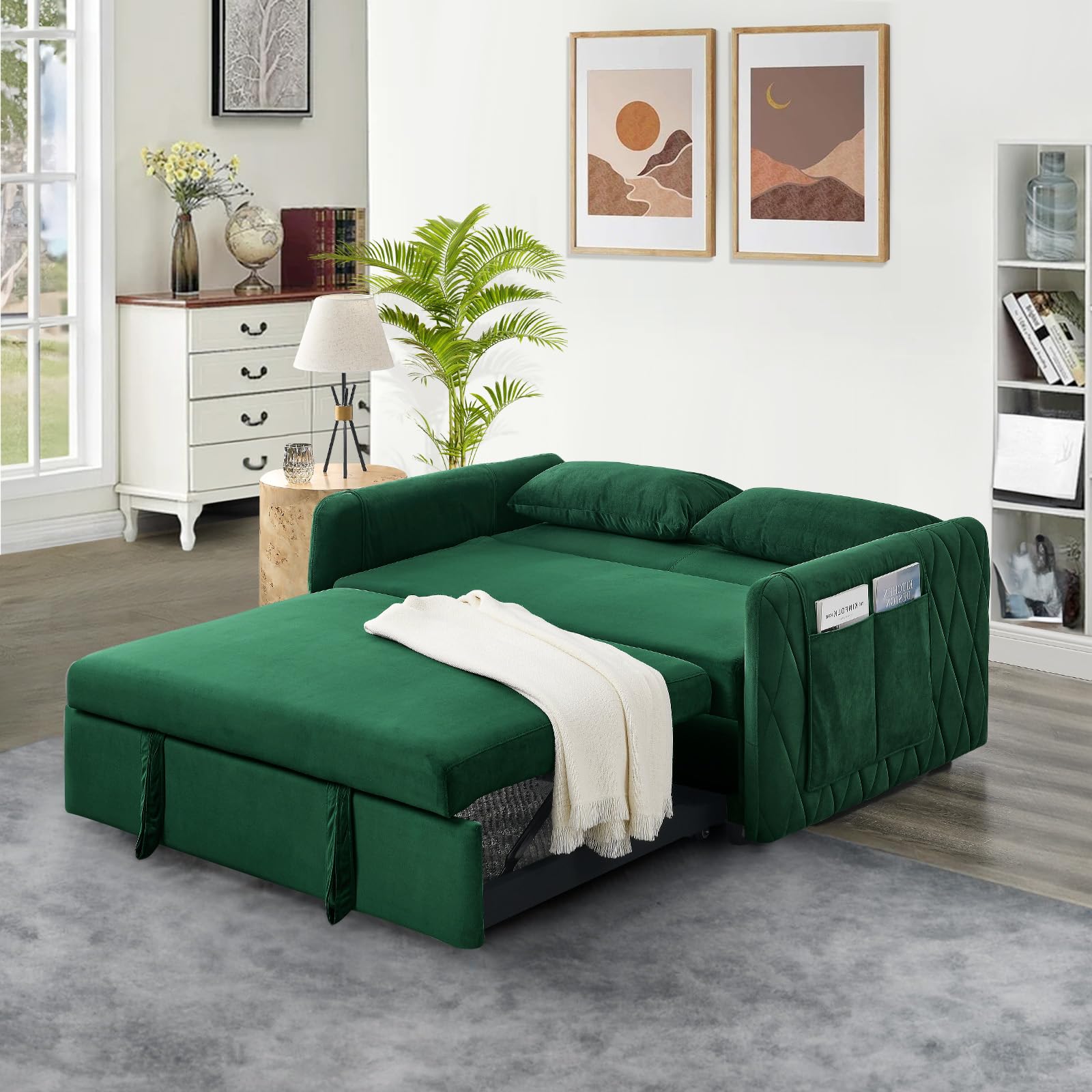 JEEOHEY 3 in 1 Convertible Sleeper Sofa Couch with Pull Out Bed,55" Modern Velvet Sofa Bed with Ajustable Backrest & Side Pocket,Tufted Loveseat Chaise Lounge for Livingroom,Office,Small Palces(Green)