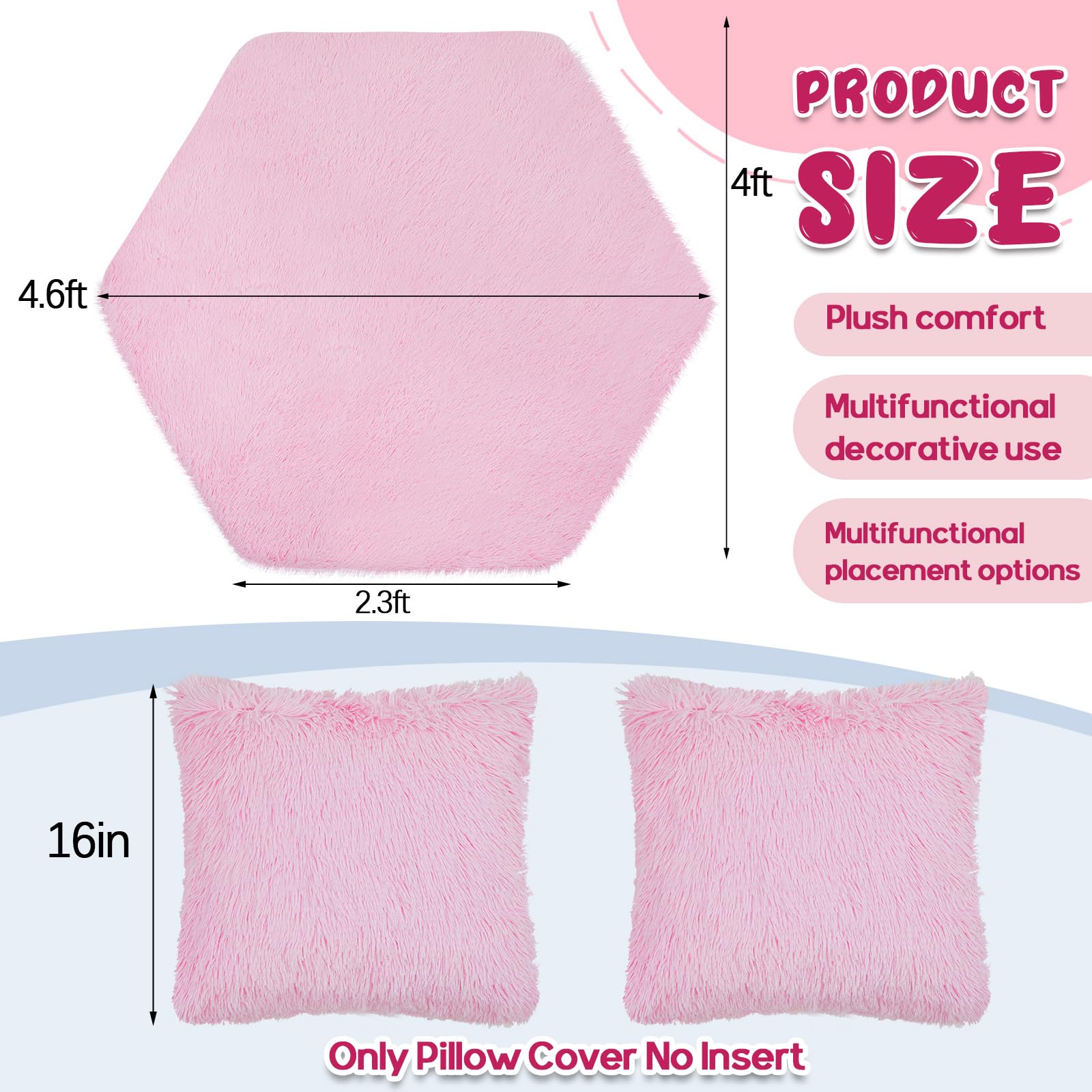 Buryeah 3 Pcs Princess Tent Supplies for Kids 1 Pcs Hexagon Rug for Princess Tent 2 Pack Throw Pillow Covers for Playhouse Princess Tent Kids Play Castle (Pink)