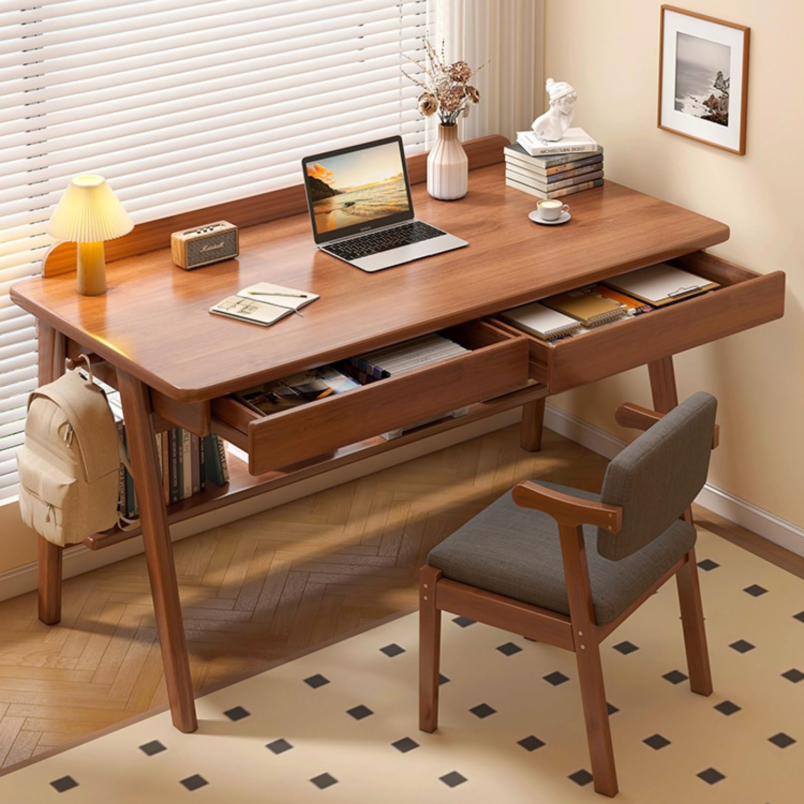 ALEEIK Mid-Century Writing Desk with 2 Storage Drawers, Home Office Computer Desk Writing Study Desk Mid-Century Modern Walnut Desk(47 Inch, Walnut)