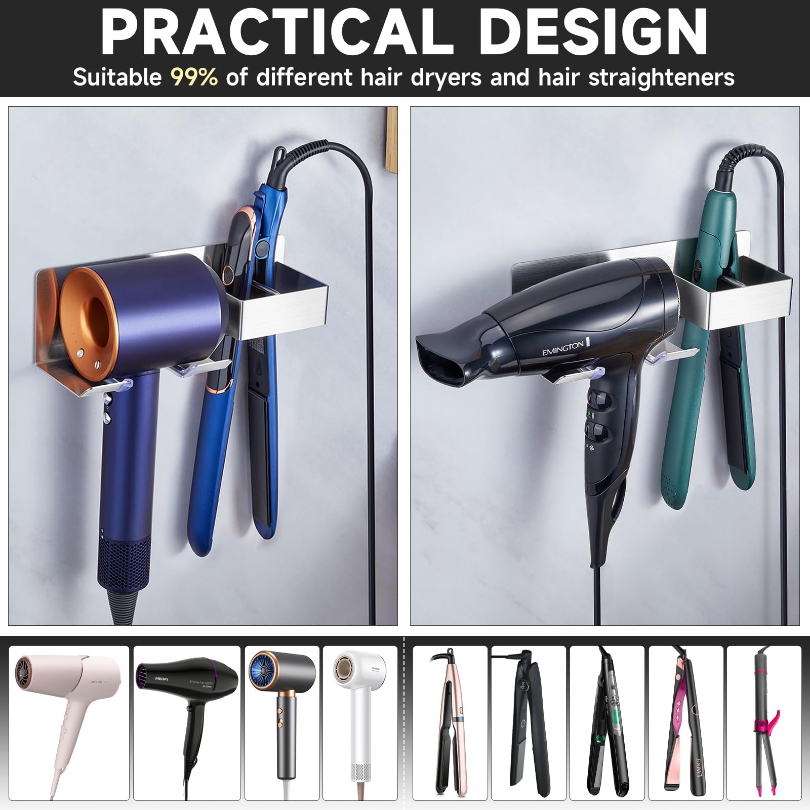 Hair Dryer Holder Wall Mounted, Blow Dryer Holder Stainless Steel, Hair Straightener Holder, Adhesive Hairdryer Holder, Curling Iron Holder Hair Tool Organizer for Bathroom Barber Shops